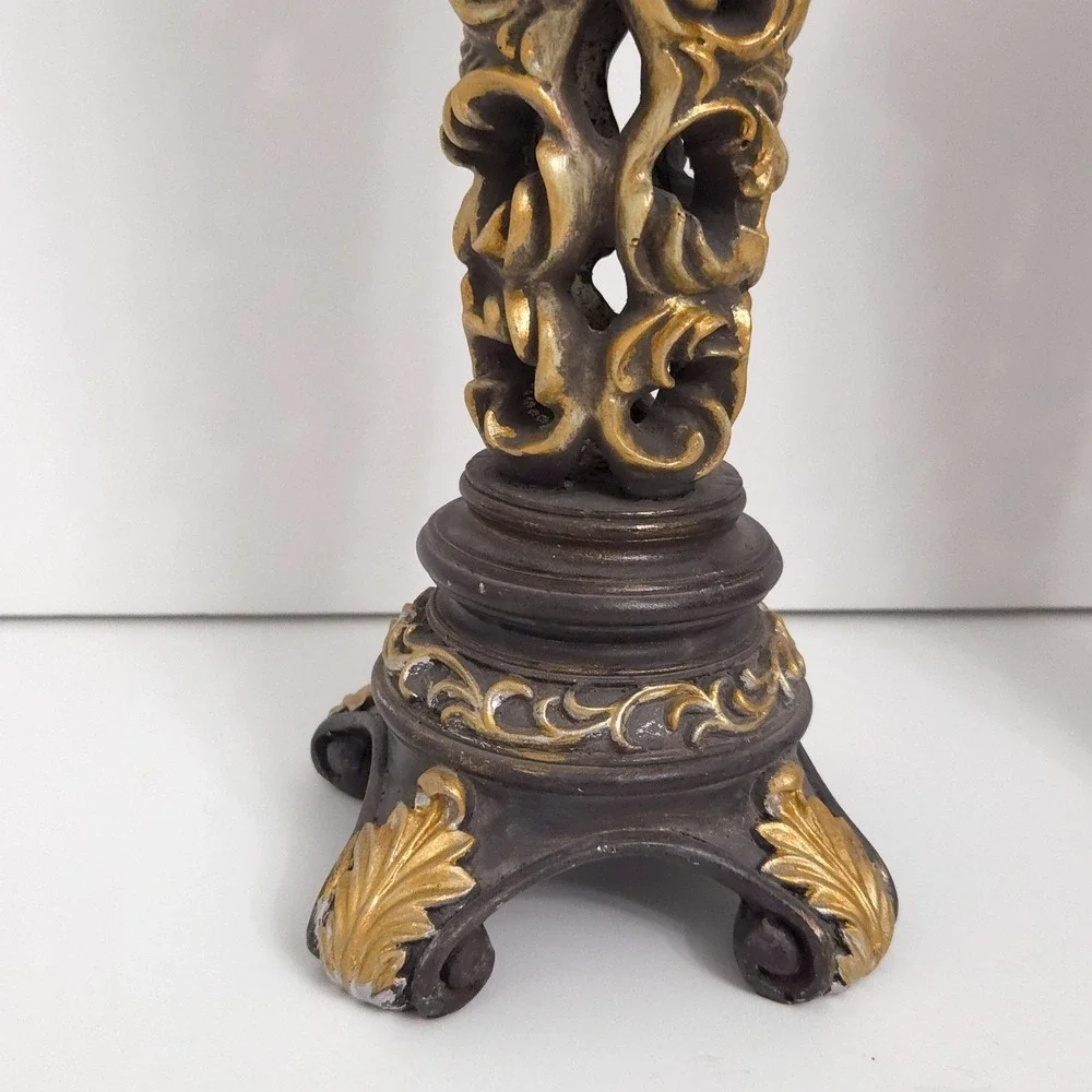 Brown & Gold Ornate Carved Scroll Pillar Candle Holders (Set of 2)